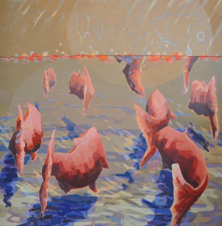 Salmon Crossing Over, acrylic on canvas, 54” x 54”