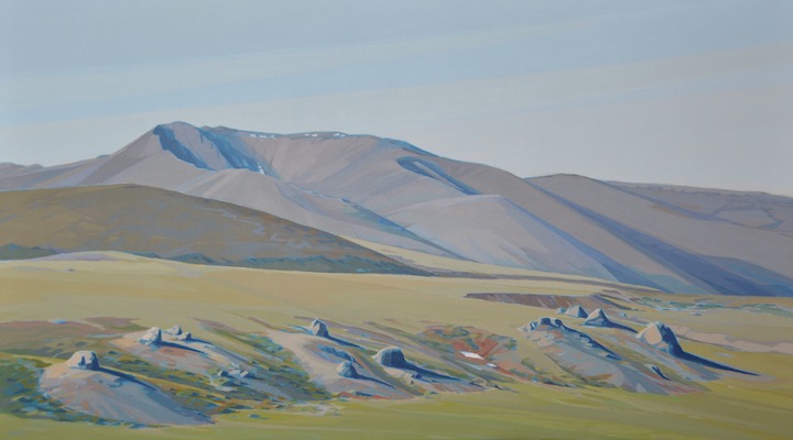 Velvetine Mountains, acrylic on canvas, 30” x 54”