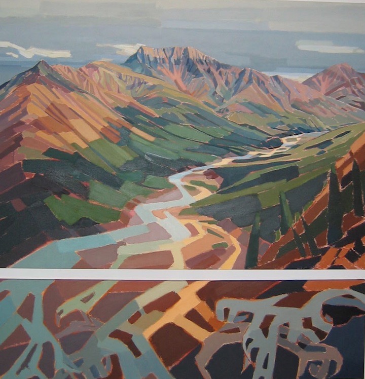 Peel River Canyon: Marking Time, acrylic on canvas, 2 panels, 66” x 66”